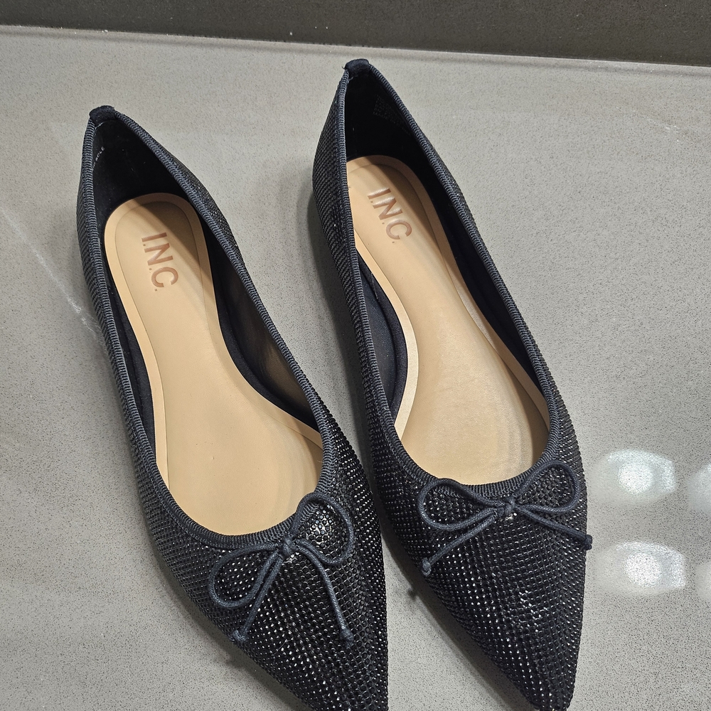 INC International Concepts Black Pointed Toe Flats with Bow Detail